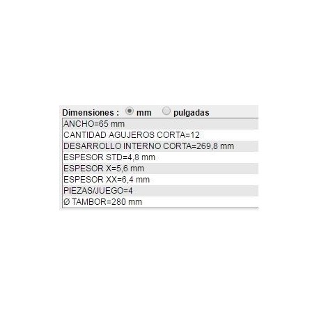 CINTA DE FRENO 4 PIEZAS PEUGEOT 505 DIAM.CAMP.280MM ANCHO 65MM ESPESOR 4,8MM