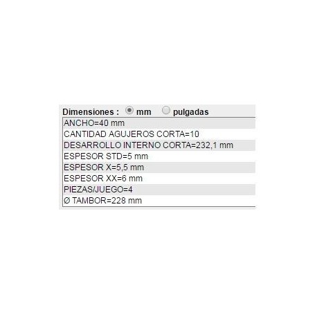 CINTA DE FRENO 4 PIEZAS RENAULT FUEGO-12-18-21 (84/ 91) DIAM.CAMP.228MM ANCHO 40MM ESPESOR 5MM