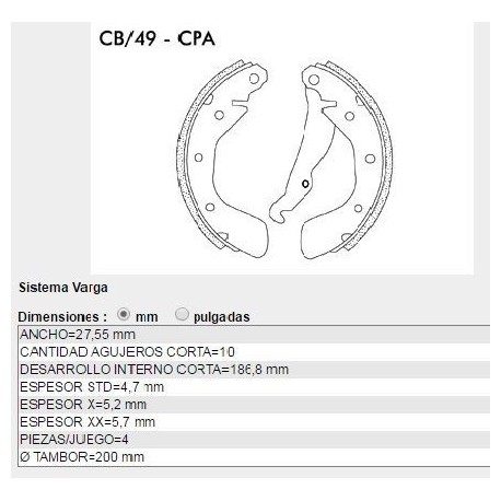 CINTA DE FRENO 4 PIEZAS CHEVEROLET AGILE-CORSA-CLASSIC-CORSA II FORD ESCORT DIAM.CAMP.200MM ANCHO 27,55MM ESPESOR 4,7MM