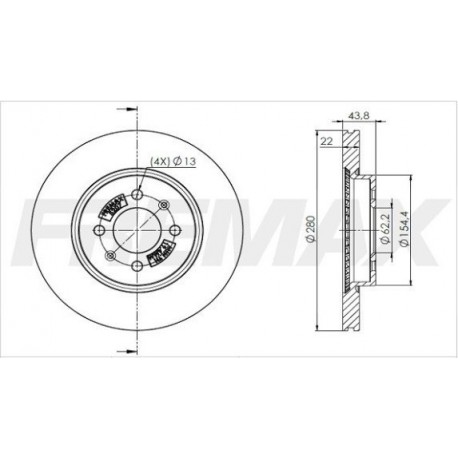 DISCO DE FRENO DELANTERO VENTILADO HYUNDAI I20 1.0-1.1-1.2-1.4, KIA RIO LLANTA DE 15`` (DIAMETRO 280MM-ALTURA 44MM-AGUJEROS 4)